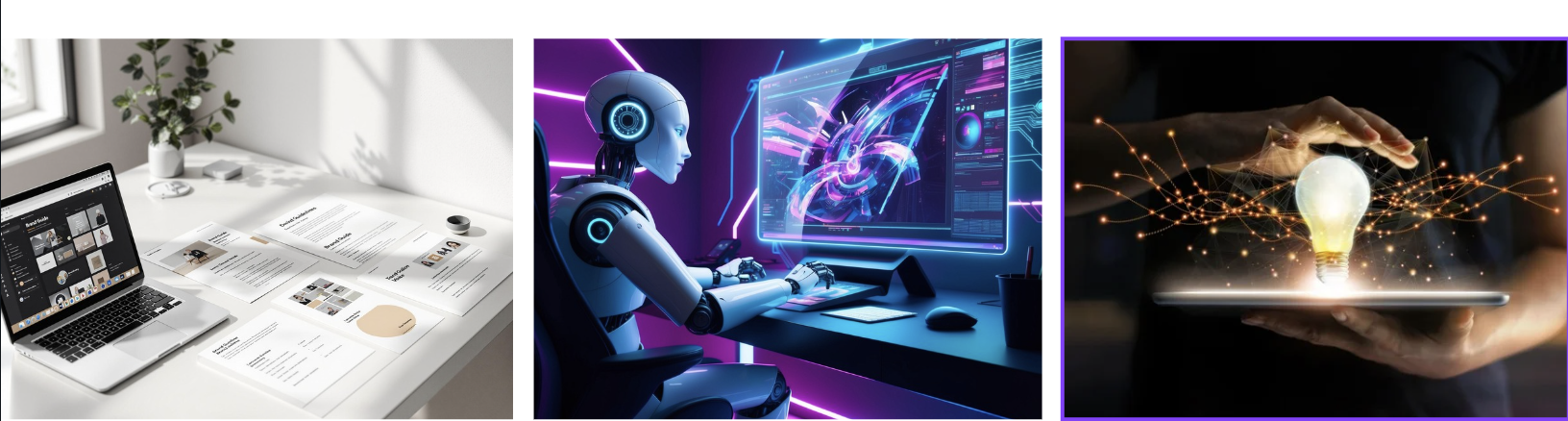 Three images: a laptop with a one-sheet brand guide on a desk; a robot at a futuristic computer; hands holding a tablet with a glowing light bulb hologram.